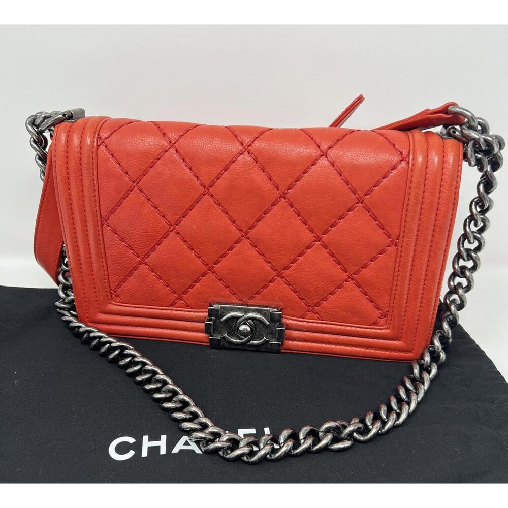 CHANEL Boy Bag Red Orange Medium Authentic Dustbag Cert